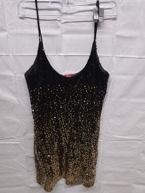 Saks Fifth Avenue Black and Gold Sequin Spaghetti Strap Dress Medium